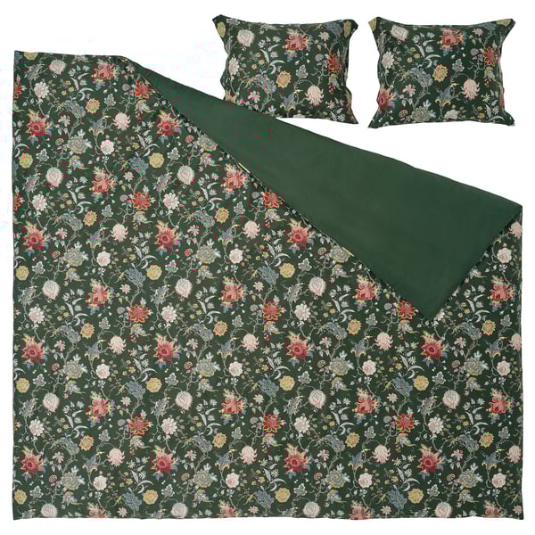 A dark green NÄSSELKLOCKA bedding set with floral patterns, cotton-viscose blend.