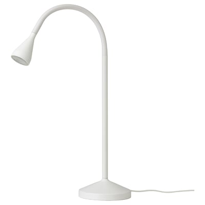 A white ikea NÄVLINGE lamp. It has a sleek, curved neck, a stable base, and a focused light source at the top.