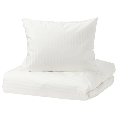 White NATTJASMIN bedding set with soft cotton-lyocell blend and subtle stripes.
