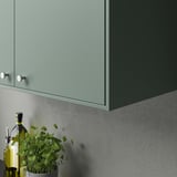 Gray-green cabinet with round handles; above, a dark countertop; below, green plant and bottle objects.