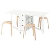 White NORDEN gateleg table and light wood stools, modern minimalist dining set.