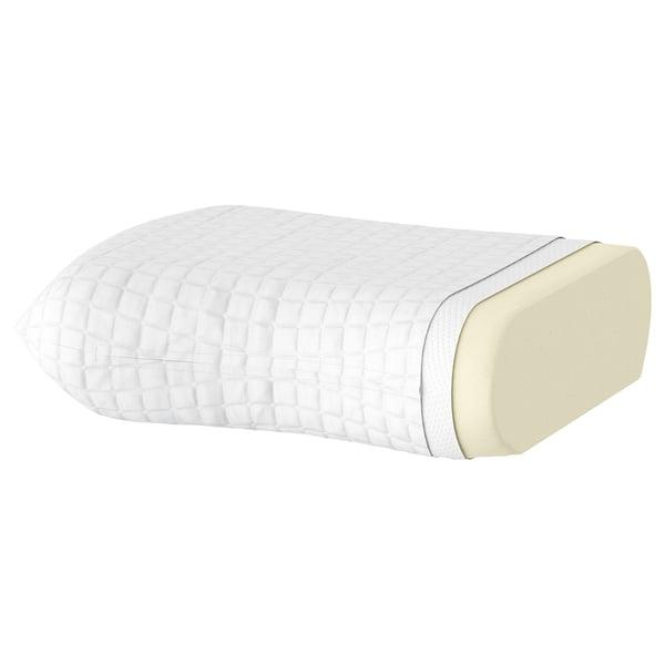 Image shows a supportive, ergonomic pillow with a quilted white cover and a foam filling.