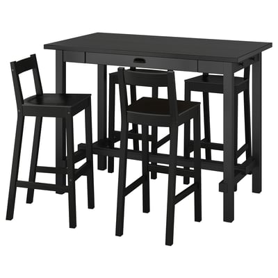 Black bar table set with four matching stools, modern design with rectangular table and backless stools. Table has drawer, sleek and functional.