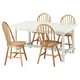 Option: White extendable dining table with four light brown wooden chairs, featuring simple and classic designs.