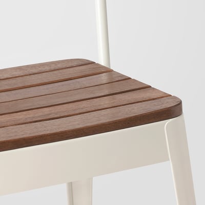 White metal chair with wooden seat, indoor/outdoor use, curved back for comfort.