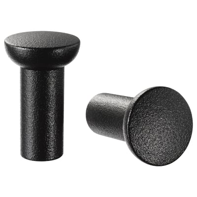 Two black cylindrical knobs with rounded tops, coated in epoxy/polyester, displayed side by side.