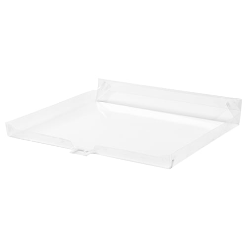 A NYTTIG clear plastic dishwasher floor protector. Its transparent, rectangular with rounded corners, and made from pet and polypropylene plastic.