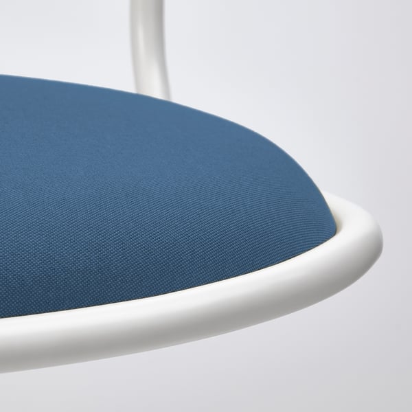 Close-up of a modern office chairs seat, showcasing high-density foam and quality fabric in blue, highlighting comfort and durability.