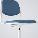 Blue office chair with white frame and pneumatic height adjustment.