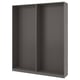 A PAX wardrobe frame in dark grey. Its rectangular, simple, and modern, with empty compartments. Made of particleboard with a paper foil finish.