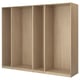 This image shows an ikea PAX wardrobe in oak, featuring multiple open sections with adjustable feet.