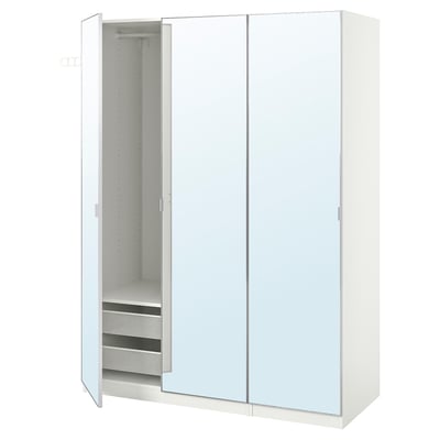 A white ikea PAX wardrobe with mirrored doors and an open section revealing mesh shelves.