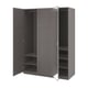 A PAX wardrobe in dark grey with recessed panels. It has open doors revealing shelves and racks.