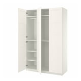 A white IKEA PAX wardrobe with open doors revealing shelves and a clothes rod.