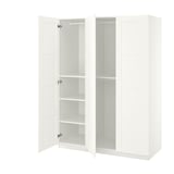 A white IKEA PAX wardrobe with open doors revealing empty shelves.