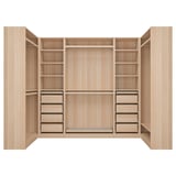PAX wardrobe: light wood, multiple shelves, drawers, open design.