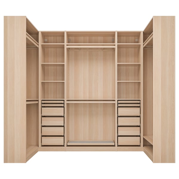 Ikea PAX light wood closet with shelves and drawers.