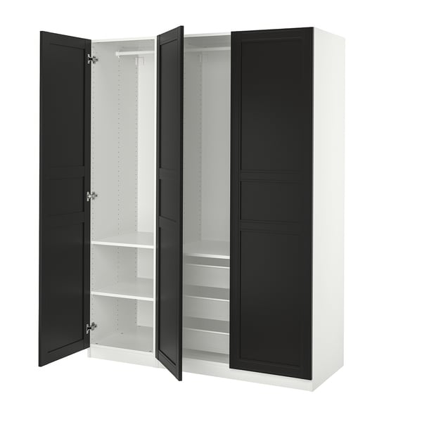 PAX wardrobe: white & black, three sections, open doors exposing shelves and hanging rod.