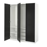 PAX wardrobe: white & black, three sections, open doors exposing shelves and hanging rod.