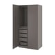 Option: A gray PAX wardrobe with one open door, revealing drawers and shelves inside.