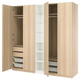 PAX wardrobe in light oak, featuring open and closed storage, hanging rails, shelves, and drawers, designed for organized space management.