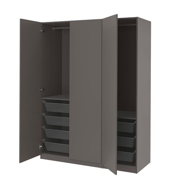 A grey ikea PAX wardrobe with mesh baskets and adjustable hinges.