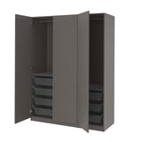 A grey ikea PAX wardrobe with mesh baskets and adjustable hinges.