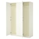 An open white ikea PAX wardrobe with hinges and shelves visible.