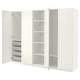 Option: White PAX wardrobe with open doors, mesh baskets, adjustable shelves.