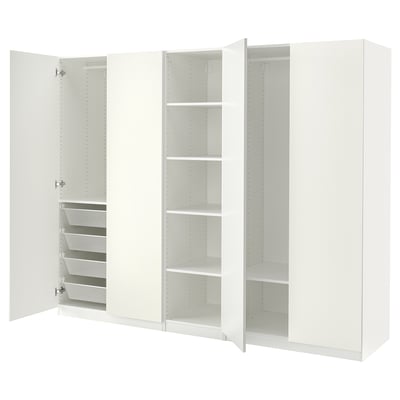 White PAX wardrobe with open doors, mesh baskets, adjustable shelves.
