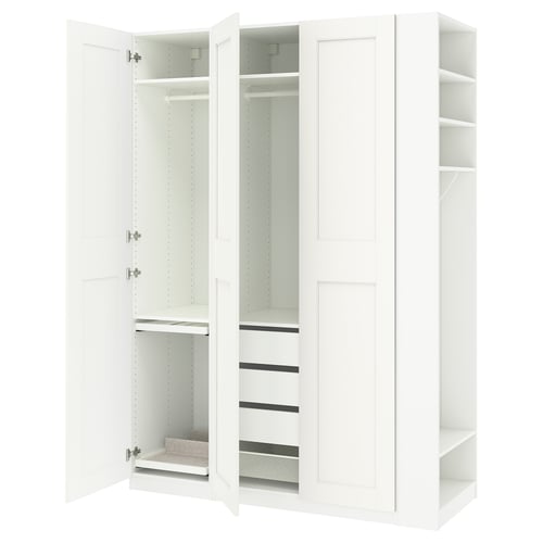 White PAX wardrobe set with open doors showing shelves and compartments.
