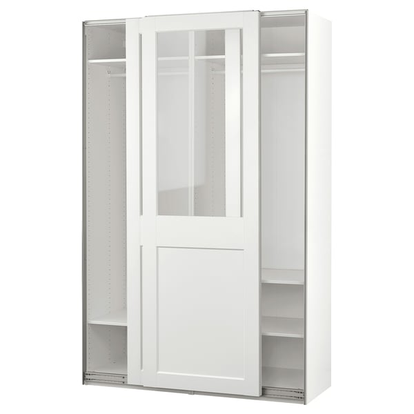A white, modern wardrobe named PAX with glass-top sliding doors, offering a sleek design and ample storage.