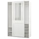 Displays a white PAX wardrobe with glass sliding doors, offering a modern design and functional storage.