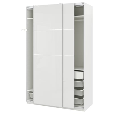 White PAX wardrobe with sliding doors, mesh baskets, and adjustable feet.