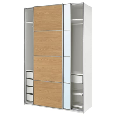 A PAX wardrobe with oak sliding doors, featuring adjustable feet, shelves, drawers, and a divider.
