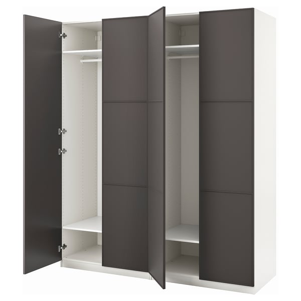 PAX wardrobe: modern black and white, tall, rectangular, multi-door storage unit with sliding doors for minimalist design and efficient space use.