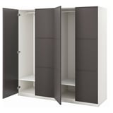 Modern white and gray PAX wardrobe with adjustable shelves and hanging rails.