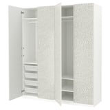 A white ikea PAX wardrobe with two open sections revealing shelves and mesh baskets.