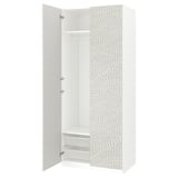 A white PAX wardrobe with one open puerta, revealing a mesh basket and shelves.