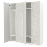 White PAX wardrobe with textured doors, open showing shelves and rail.