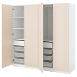 This image two light beige PAX wardrobes with open doors, showcasing shelves, drawers, and mesh storage baskets inside.
