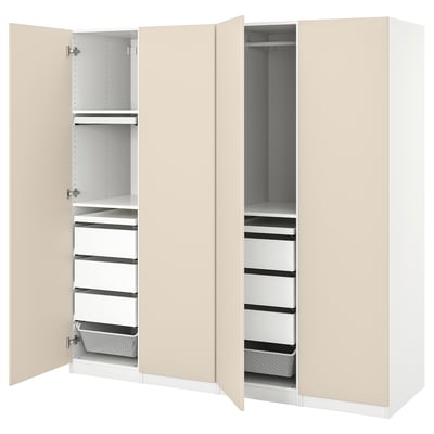 PAX wardrobe: beige, tall, 2 sections, open showing shelves, drawers, and baskets.