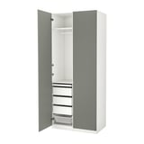 PAX wardrobe in light blue, featuring adjustable shelves and drawers, with a sleek, modern design.