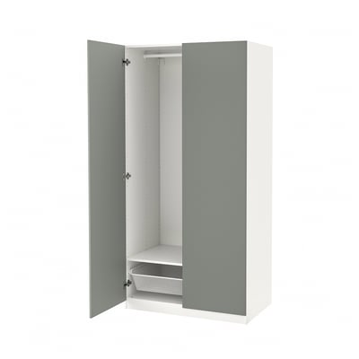 An open, light gray ikea PAX wardrobe with a mesh basket and shelves inside.