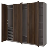 PAX wardrobe: dark brown, wood grain, four doors, open shelves, adjustable shelves.