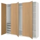 Open wooden wardrobe with interior shelves and baskets, white interior.