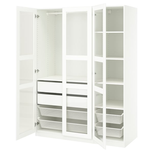 A white PAX wardrobe with open doors revealing drawers and shelves.