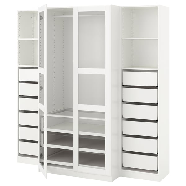 An ikea PAX wardrobe in white with open sections exposing shelves and drawers, offering ample storage solutions.