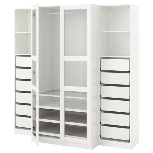White PAX wardrobe, sleek and modern with glass doors, multiple shelves, and drawers for organised storage.