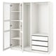 Option: White PAX wardrobe with open doors, shelves, drawers, and metal hinges.